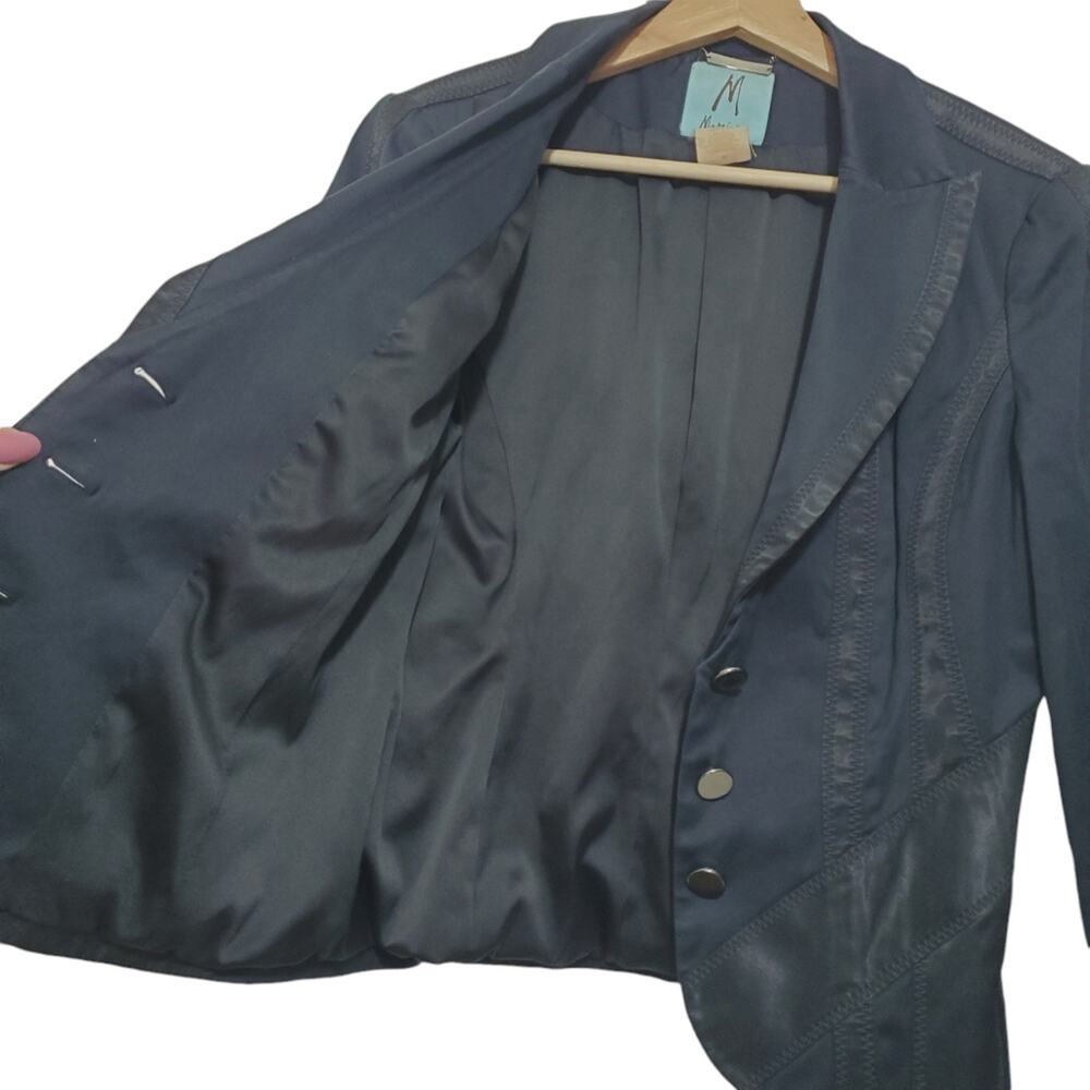 Marciano Navy Blue Fitted Tuxedo Blazer 3/4 Sleeve Black Satin Accents Sz 10 - Picture 5 of 12